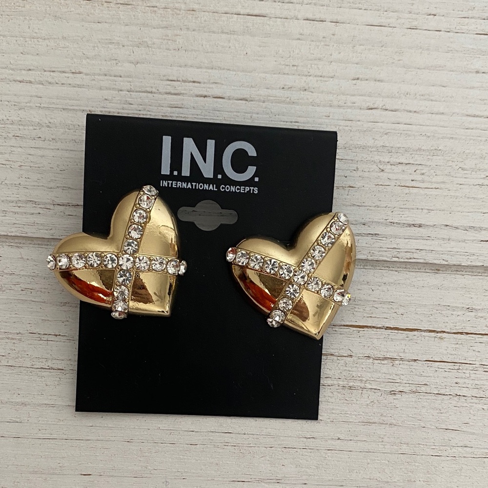 INC International Concepts Gold Heart Earrings with Crystals